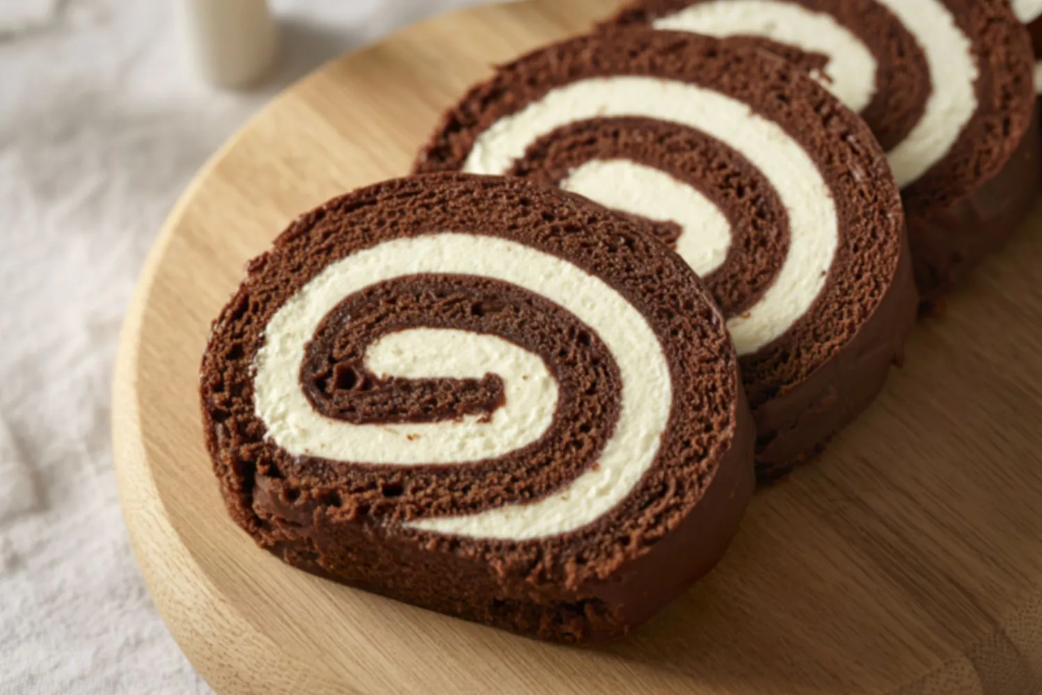 Chocolate cream roll cake slices on a wooden board at Tangscape, a Cafe in Forest Hills